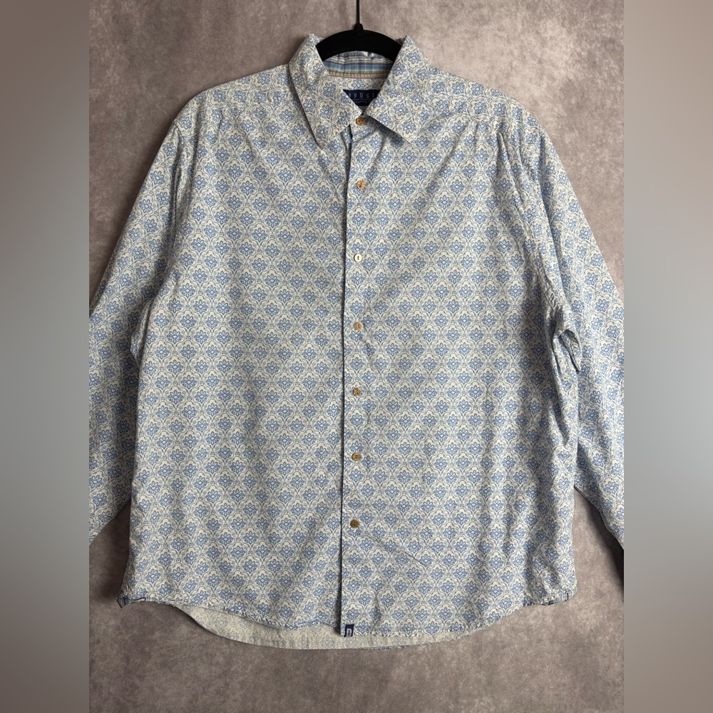 Diffusion White Button Down Shirt with Blue Geometric Pattern
